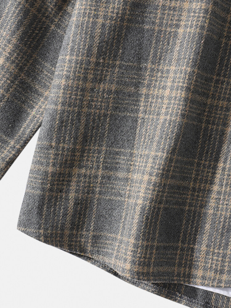 Mens Cotton Plaid Lapel Drop Shoulder Relaxed Fit Overshirt With Pocket