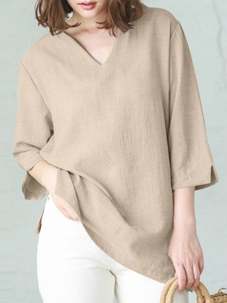 Solid Split V Neck Cotton Casual Blouse