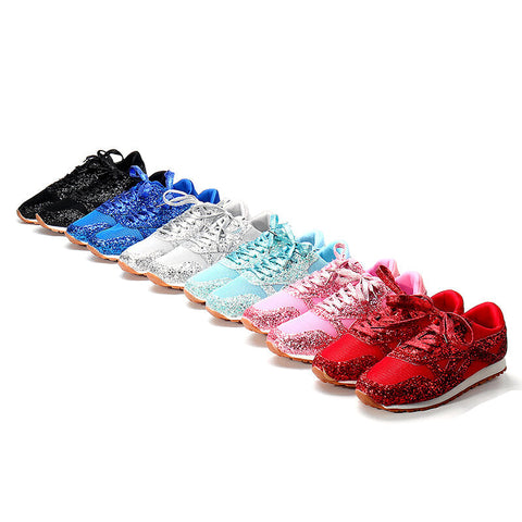 Women's Sequin Glitter Lace Up Athletic Sneakers Rhinestones Wedge Leisure Running Shoes