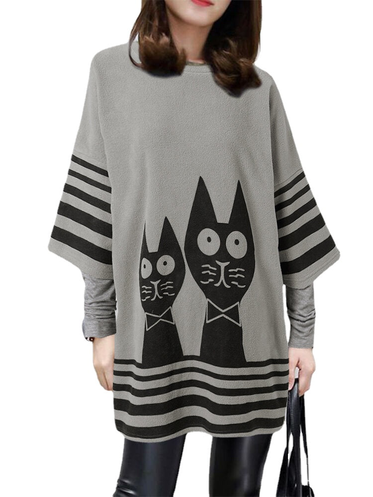 Women Cartoon Cat Stripe Print Patchwork Loose Dresses