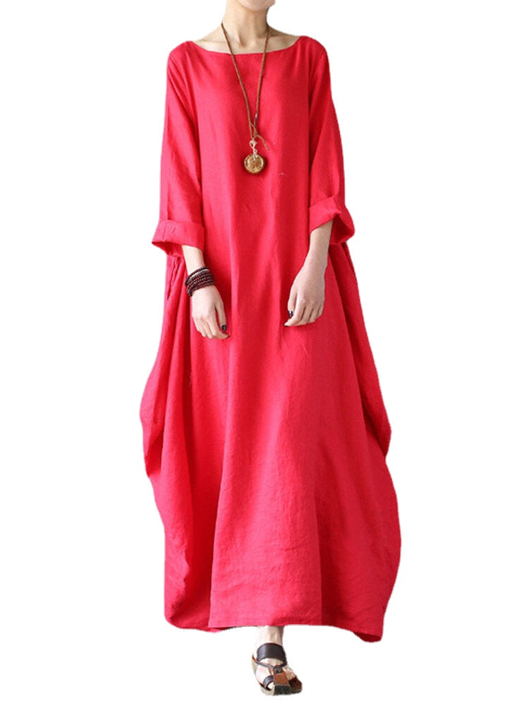 Women 100% Cotton Solid Baggy Pockets Summer Maxi Dress