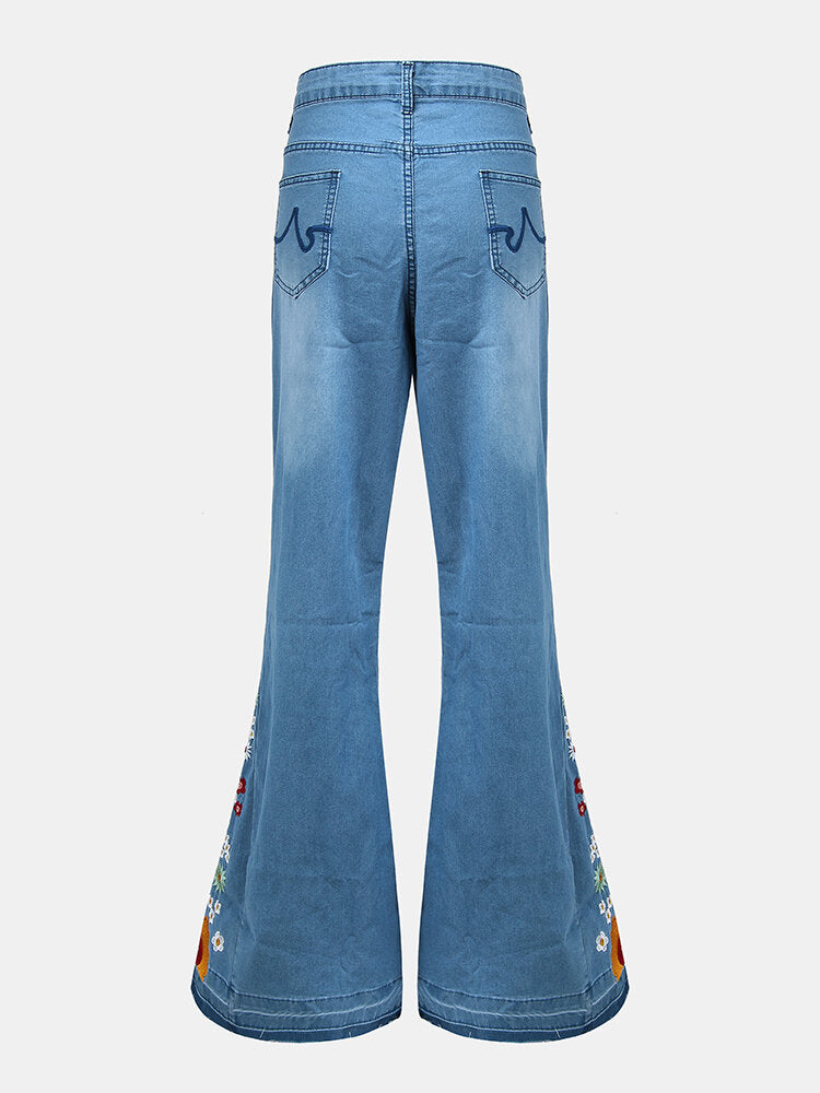Women Floral Embroidery Stylish Casual Bell-Bottom Jeans With Pockets