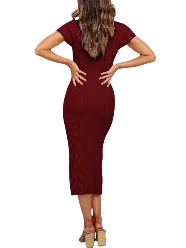 Short Sleeve Crew Neck Stretch Buttons Bodycon Dress For Women