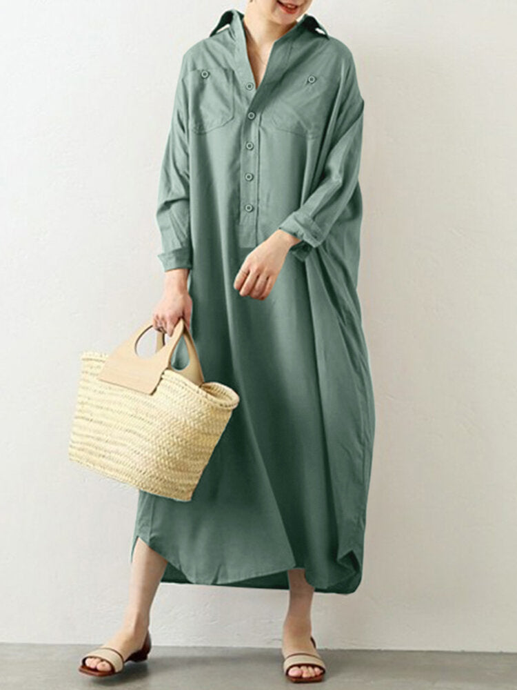 Women Long Sleeve Solid Front Pockets Ankle Length Lapel Collar Midi Dresses