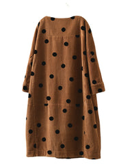 Women Vintage Print Polka Dots Long Sleeve Pockets Corduroy Dress