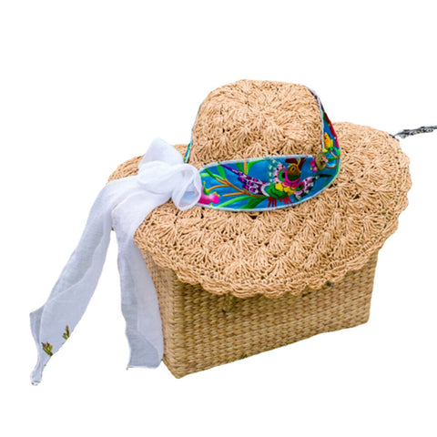 Women Embroidered Printed Straw Hat With Scarf