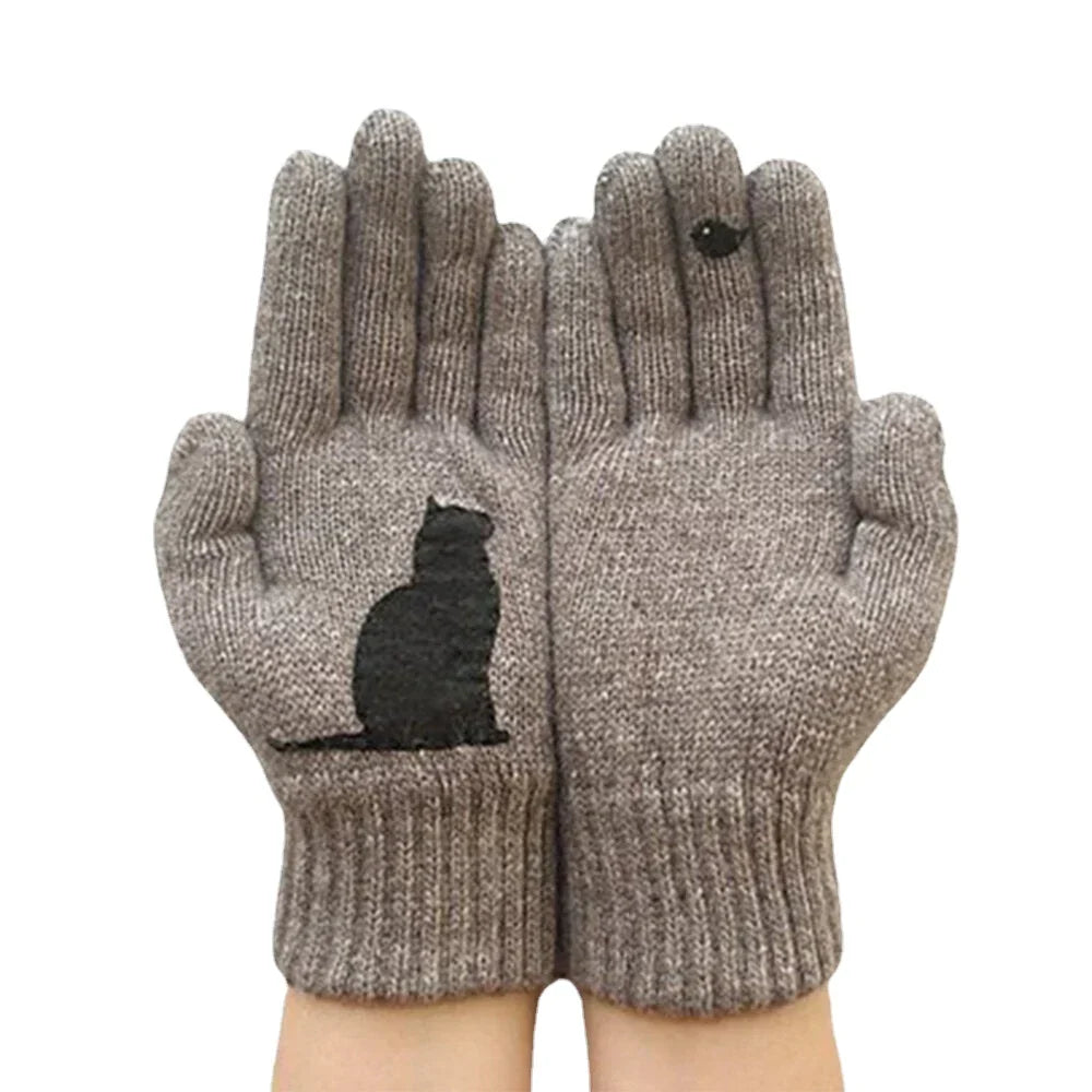 Women's Wool Gloves Autumn Winter Outdoor Warm Cold Padded Cat Bird Print Glove
