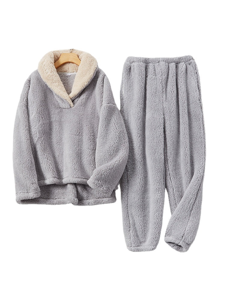 Women Fluffy Plush Thicken Lapel High Low Hem Loungewear Warm Pajamas Set