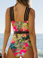 Tropical Plants Print Striped Mesh Slimming One Piece Women Hawaii Swimsuit
