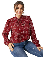 Plus Size Polka Dot Tie-up Design Long Sleeves Blouse