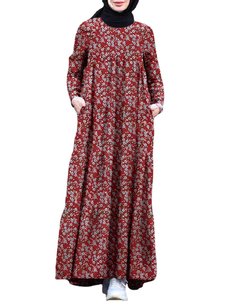 Women Floral Print Tiered Dress O-Neck Casual MaxiDress With Side Pocket