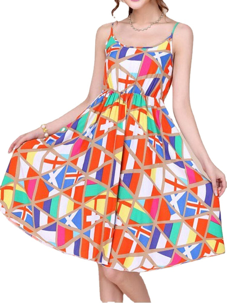 Bohemian Women Strap Flower Pattern Printing Beach A-line Dress