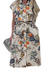 Women 100% Cotton Casual Plant Printed Dress With Side Pockets