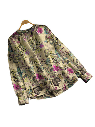 100% Cotton Loose O-Neck Raglan Full Sleeve Floral Printing Blouse