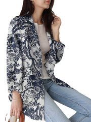 Women Loose Lapel Full Sleeve Floral Casual Side Pockets Coat