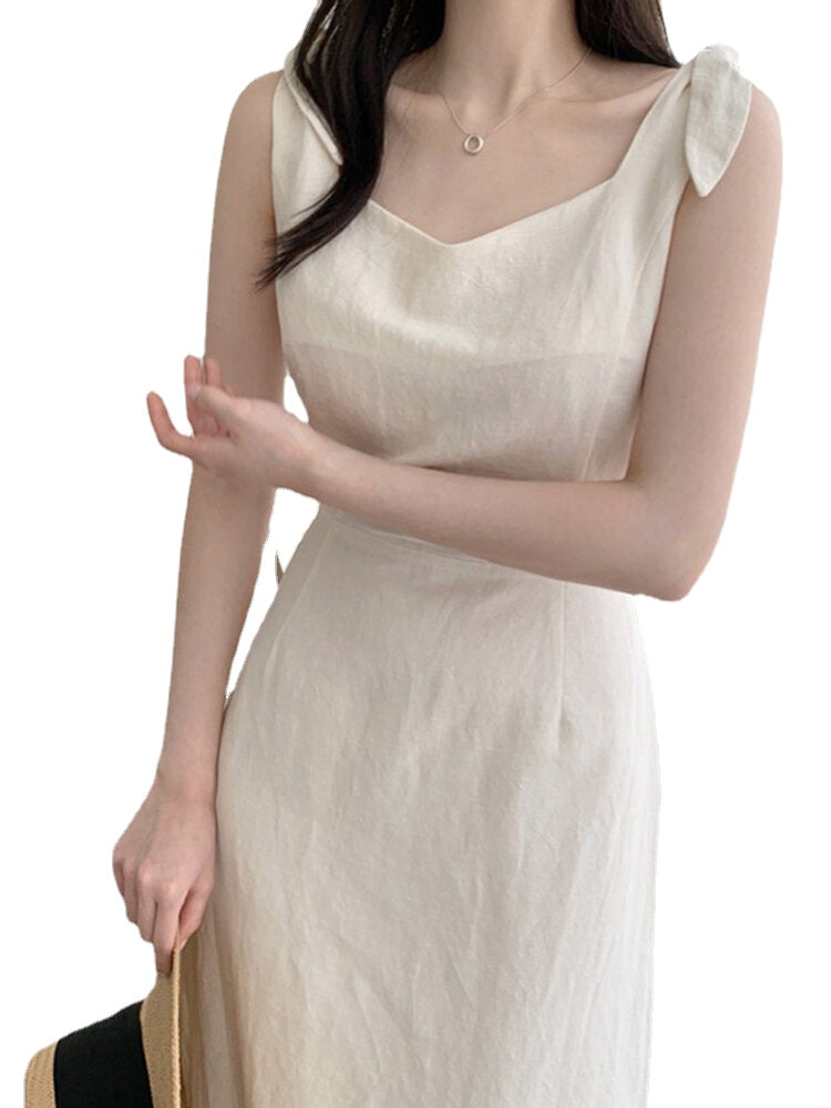 Solid Bowknot Sleeveless Cotton Midi Dress