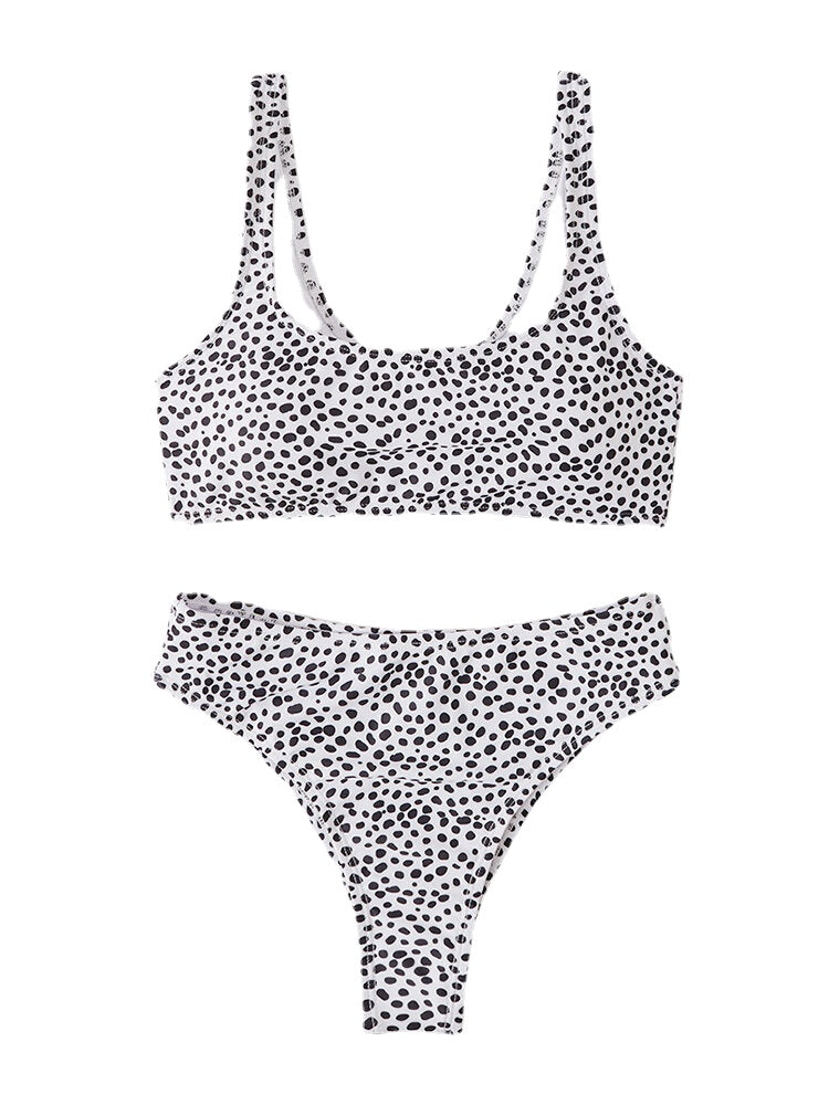 Women Leopard Wide Shoulder Straps Swimsuit Backless Bikini