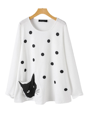 Women Polka Dot Cartoon Cat Print Long Sleeve Casual Blouses