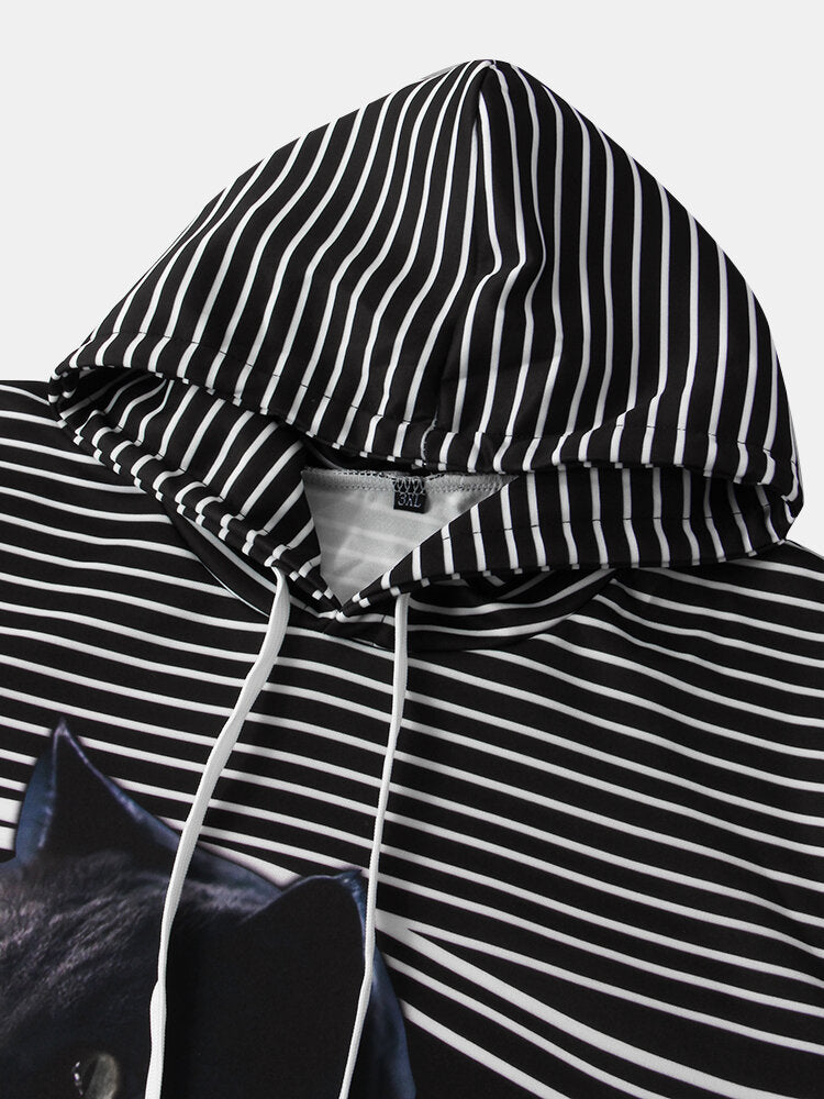 Women Striped Black Cat Print Drawstring Plus Size Casual Hoodie With Kangaroo Pocket