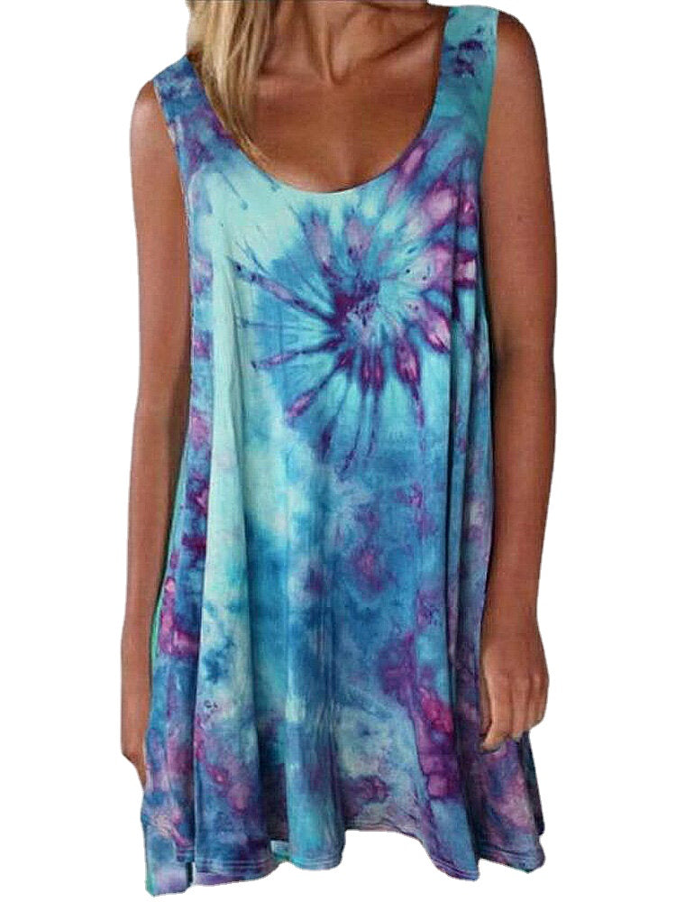 Women Tie-dye Print Crew Neck Summer Sleeveless Loose Dress