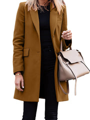 Solid Button Long Sleeve Lapel Coat For Women