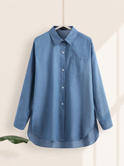 Women Solid Color Turn-down Collar Blouse Irregular Hem Chest Pocket Splited Denim Shirts