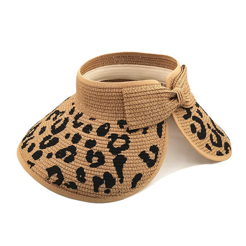 Ladies Straw Bow Leopard Print Straw Hat Vacation Travel Sunscreen Sunhat