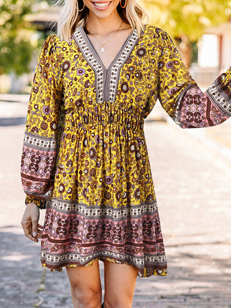 Ethnic Print Patchwork Lantern Sleeve Elastic Waist Midi Dress