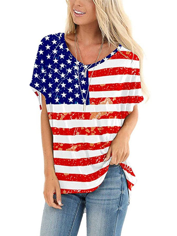 American Flag Star Print Independence Day Crew Neck Women Casual T-shirts For Women