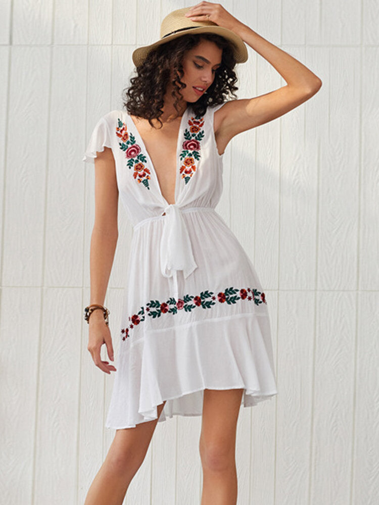 Women Floral Embroidered Bandage V-Neck Bohemian Ethnic Slim Dress