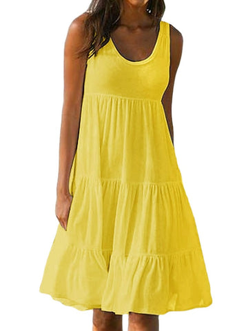 Women's Sleeveless Solid Color Ruched Round Neck Casual Beach Vacation Dress
