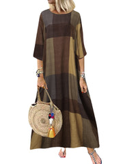 Women Casual Plaid Printed Round Neck 3/4 Sleeve Maxi Dress