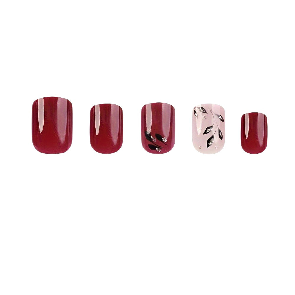 24-Piece Glossy Pinkish Red Press-On Nails with Shimmering Leaf Pattern - Durable, Reusable & Glitter Design