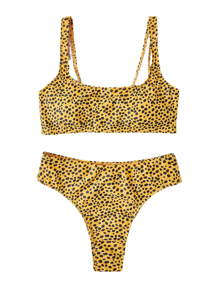 Women Leopard Wide Shoulder Straps Swimsuit Backless Bikini