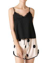 Women Black Lace V-Neck Sleeveless Vest Polka Dot Shorts Home Smooth Pajama Set