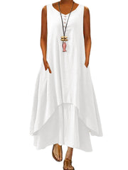 Leisure Solid Tiered Button Pocket Sleeveless Maxi Dress