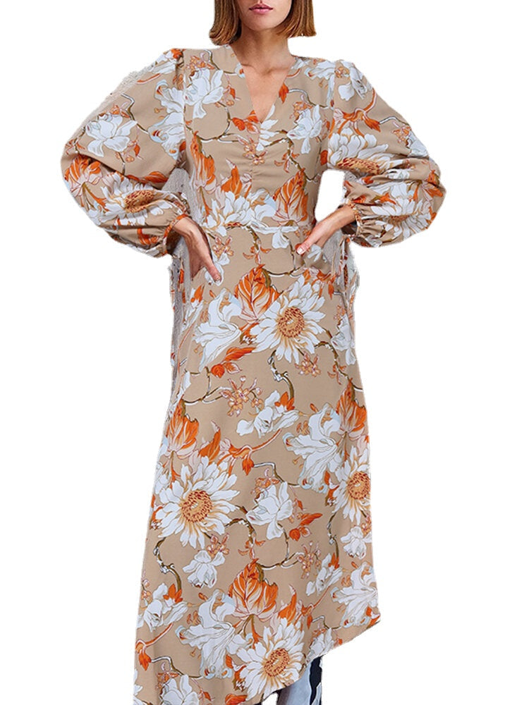 Women Flowers Print V-Neck Lantern Sleeve A-Line Casual Holiday Maxi Dress