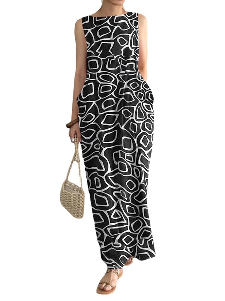 Sleeveless Round Neck Pocket Print Paisley Maxi Dress