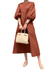 Women Solid Color O-Neck Puff Sleeves Swing Casual Maxi Dress