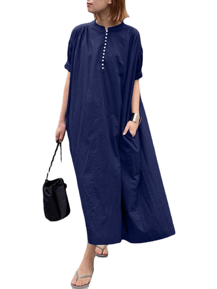 Casual Plain Puff Sleeves O-neck Pleated Solid Maxi Dress With Pocket