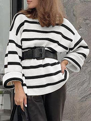 Women Black and White Striped O-Neck Casual Loose Fit Preppy Sweasters