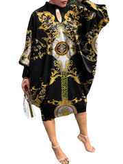 Tribal Pattern Hole Loose Crew Neck Long Sleeve Dress