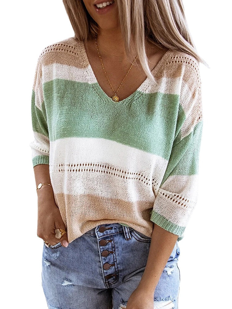 Casual Loose Color Block V-neck Long Sleeve Sweaters