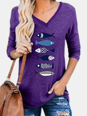 Women Fish Printed V-Neck Long Sleeve Cartoon Blouses