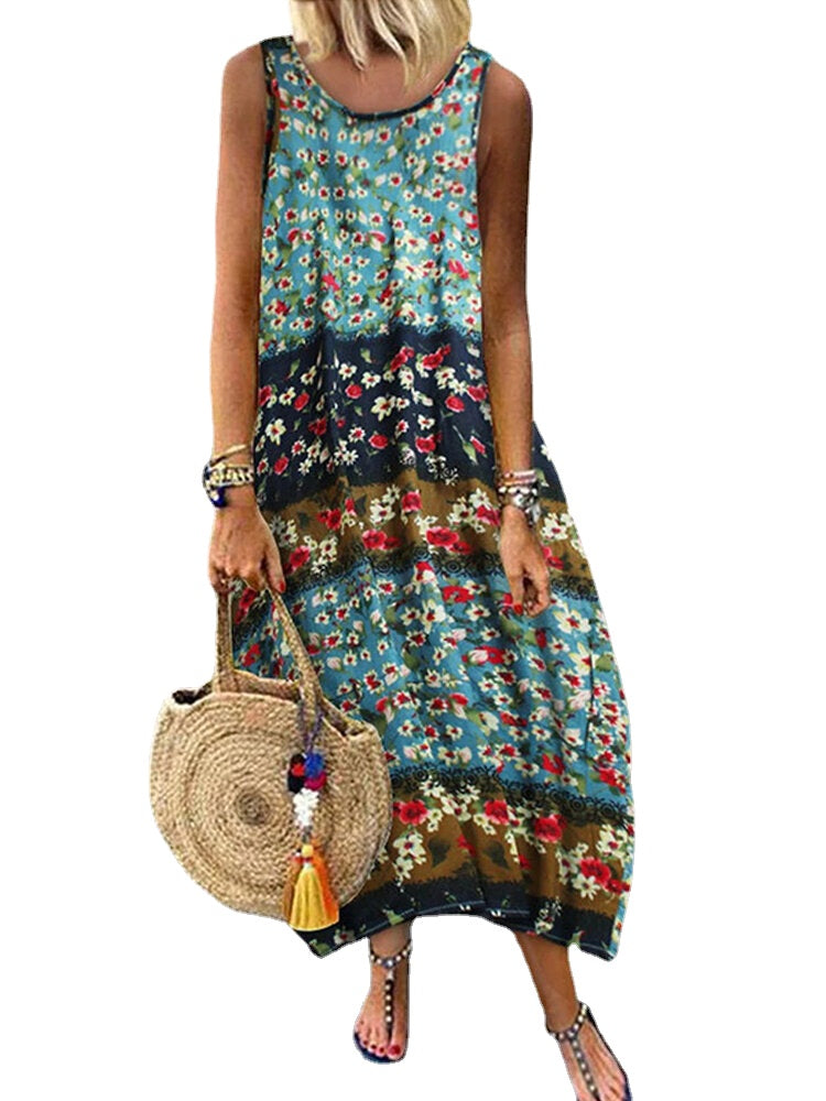 Women Sleeveless O-neck Floral Print Baggy Summer Maxi Dress