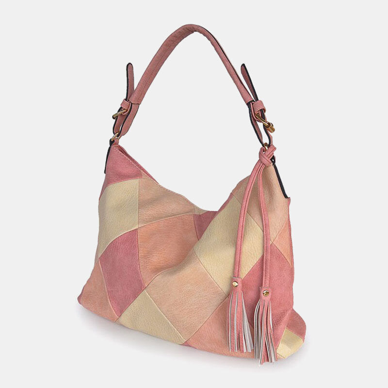 Women Faux Leather Fashion Color Block Tassel Crossbody Bag Shoulder Bag