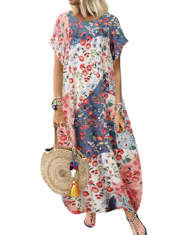 Women Retro O-neck Multicolor Floral Print Short Sleeve Loose Holiday Baggy Maxi Dress With Pocket