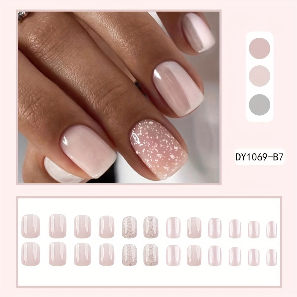 24pcs Glossy Light Pink Press On Nails - Short Square Glitter Fake Nails for Women & Girls