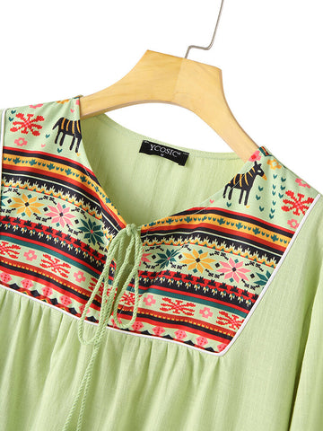 Bohemian Ethnic Print Patchwork Tassel Long Sleeve Dress For Women