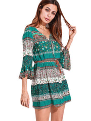 Bohemian Women V-neck Bell Sleeve Floral Printed Mini Dress